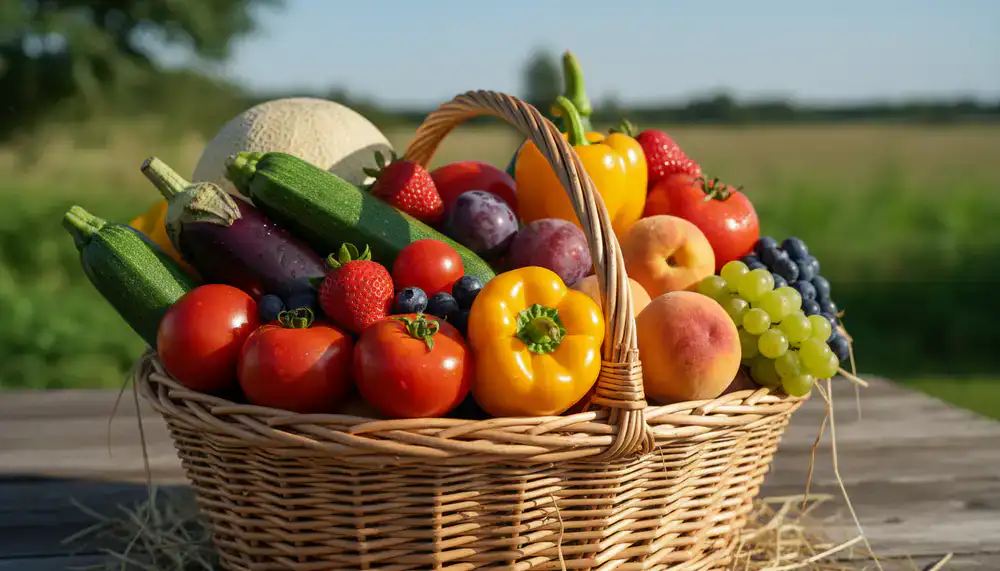 Fresh fruits and vegetables on display at VedaGreens