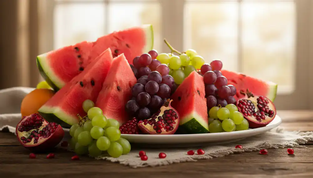 Freshly cut watermelons, pomegranates, and grapes