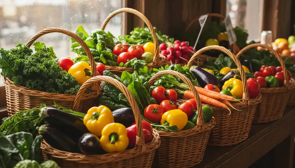 Baskets overflowing with fresh leafy greens and bright vegetables