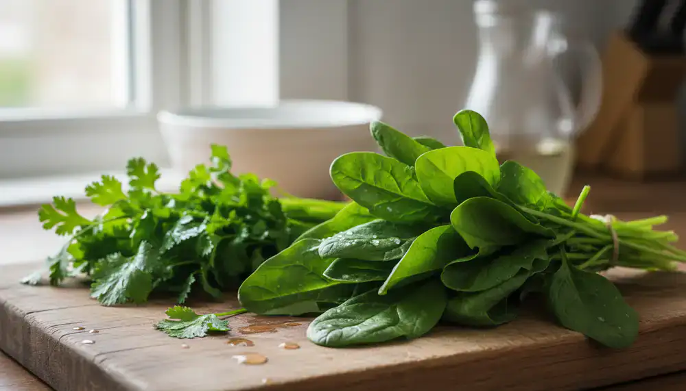 Freshly washed spinach and coriander bundles